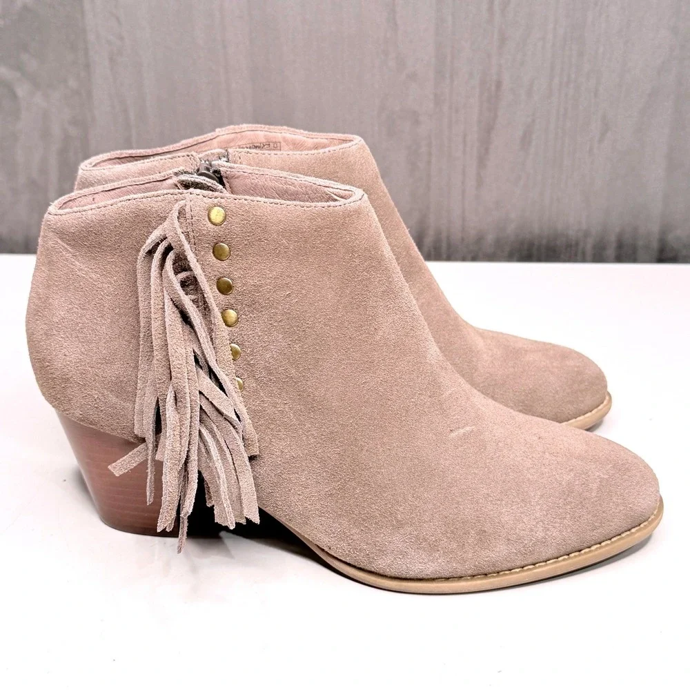 Vionic Faros Ankle Boots Womens Sz 10 Taupe Suede Fringe Studded Western Boho